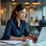 Jeune femme concentrée travaillant sur son ordinateur au bureau