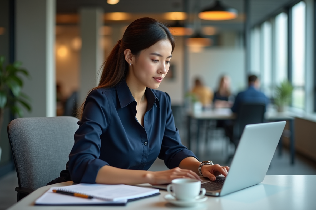Jeune femme concentrée travaillant sur son ordinateur au bureau