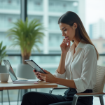 Femme en blouse assise à un bureau moderne en reviewant son profil