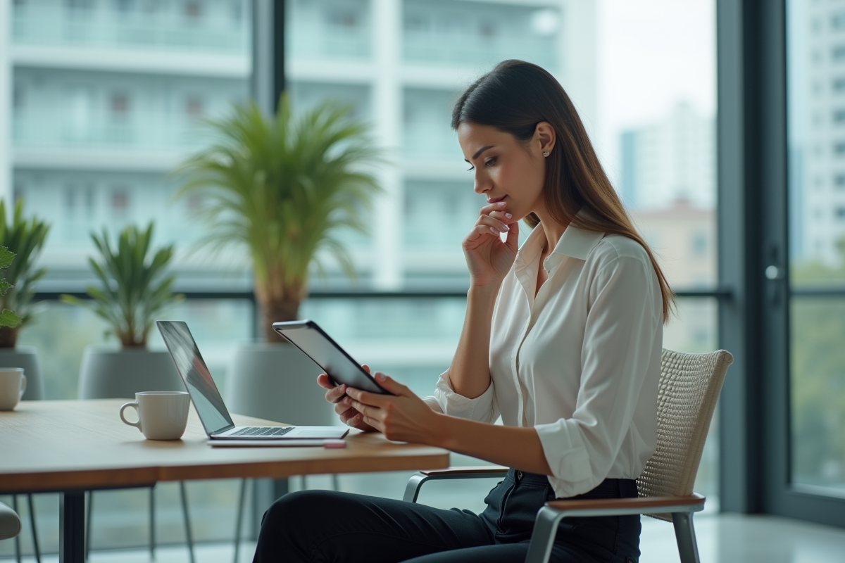 Femme en blouse assise à un bureau moderne en reviewant son profil