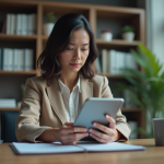 Femme en bureau regardant une tablette avec concentration