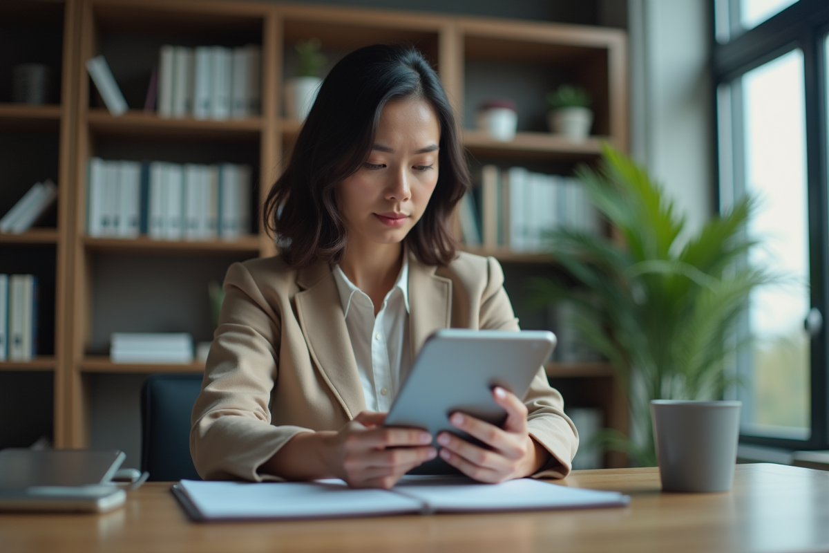 Femme en bureau regardant une tablette avec concentration