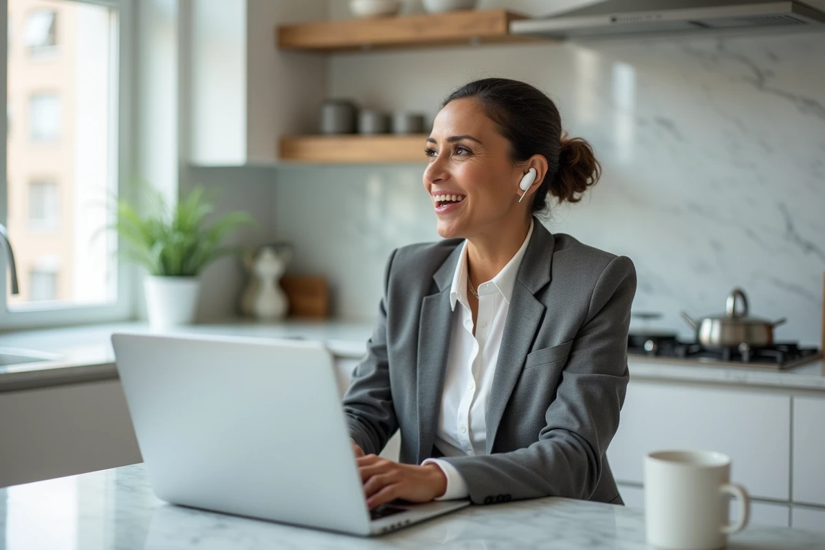 Femme cadre métissée participant à une session Afpa en ligne depuis sa cuisine avec des écouteurs sans fil
