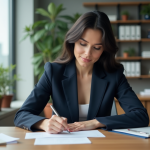 Femme en costume navy remplissant un CV dans un bureau moderne