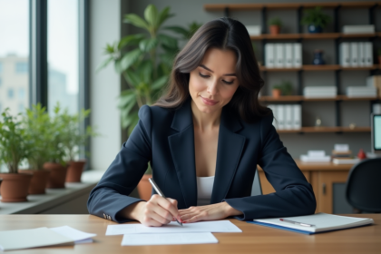 Femme en costume navy remplissant un CV dans un bureau moderne