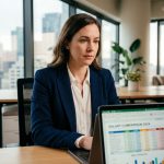 Femme professionnelle comparant des niveaux de salaire sur un ordinateur portable dans un bureau moderne