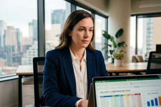 Femme professionnelle comparant des niveaux de salaire sur un ordinateur portable dans un bureau moderne
