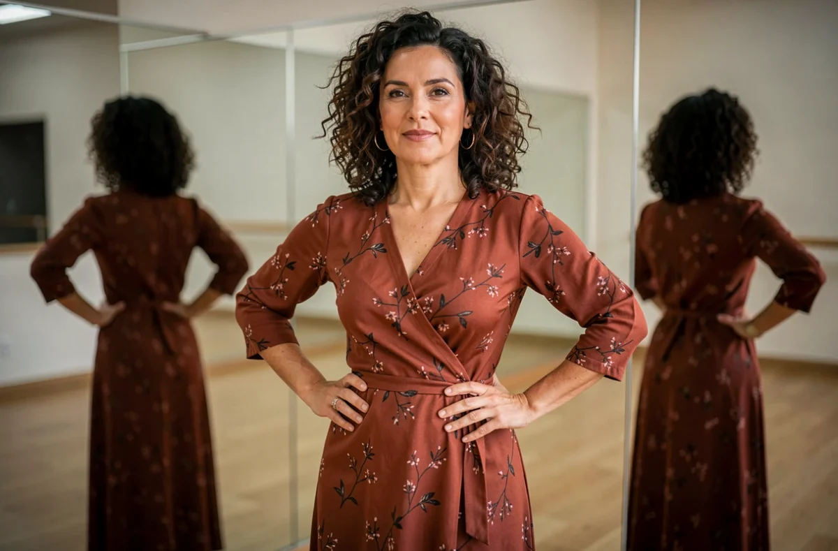 Femme contemplant son reflet dans un miroir de studio de danse, symbolisant la confiance en soi gagnée grâce au Zouk