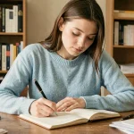 Jeune femme écrivant des exercices de conjugaison dans un cahier sur un bureau en bois, ambiance studieuse à domicile