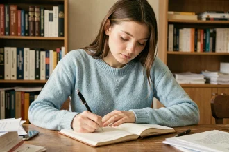 Jeune femme écrivant des exercices de conjugaison dans un cahier sur un bureau en bois, ambiance studieuse à domicile