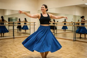 Femme en train de danser le Zouk dans un studio de danse, exprimant confiance et liberté corporelle