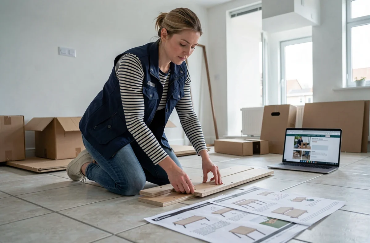 Une femme débutante en bricolage assemble un meuble en kit en suivant des instructions pas à pas dans un salon en rénovation