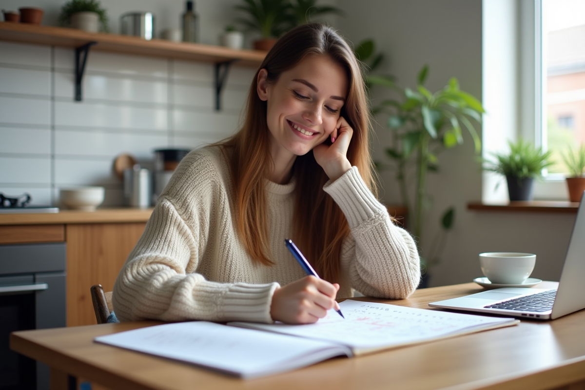 Jeune femme dessinant un plan dans une cuisine chaleureuse