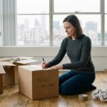 Femme en jeans et pull étiquetant une boîte de déménagement