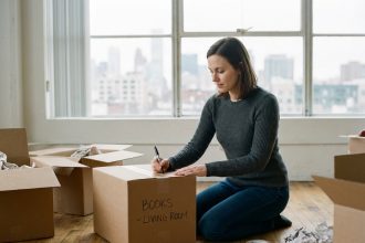 Femme en jeans et pull étiquetant une boîte de déménagement