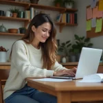 Femme remplissant des formulaires d'aide financière à la maison