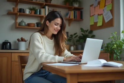 Femme remplissant des formulaires d'aide financière à la maison
