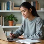 Femme suivant une formation à distance sur son ordinateur portable dans un bureau à domicile organisé