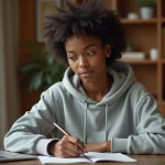 Jeune femme métissée concentrée sur une session de formation en ligne Afpa depuis son bureau à domicile