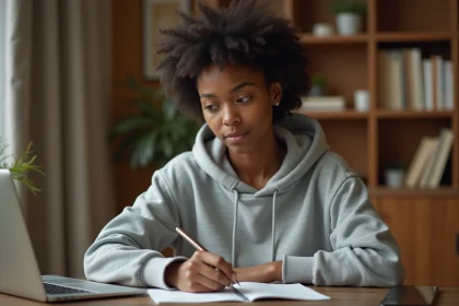Jeune femme métissée concentrée sur une session de formation en ligne Afpa depuis son bureau à domicile