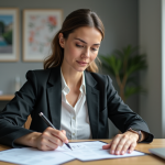 Femme remplissant un formulaire CPF dans un bureau moderne