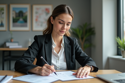 Femme remplissant un formulaire CPF dans un bureau moderne
