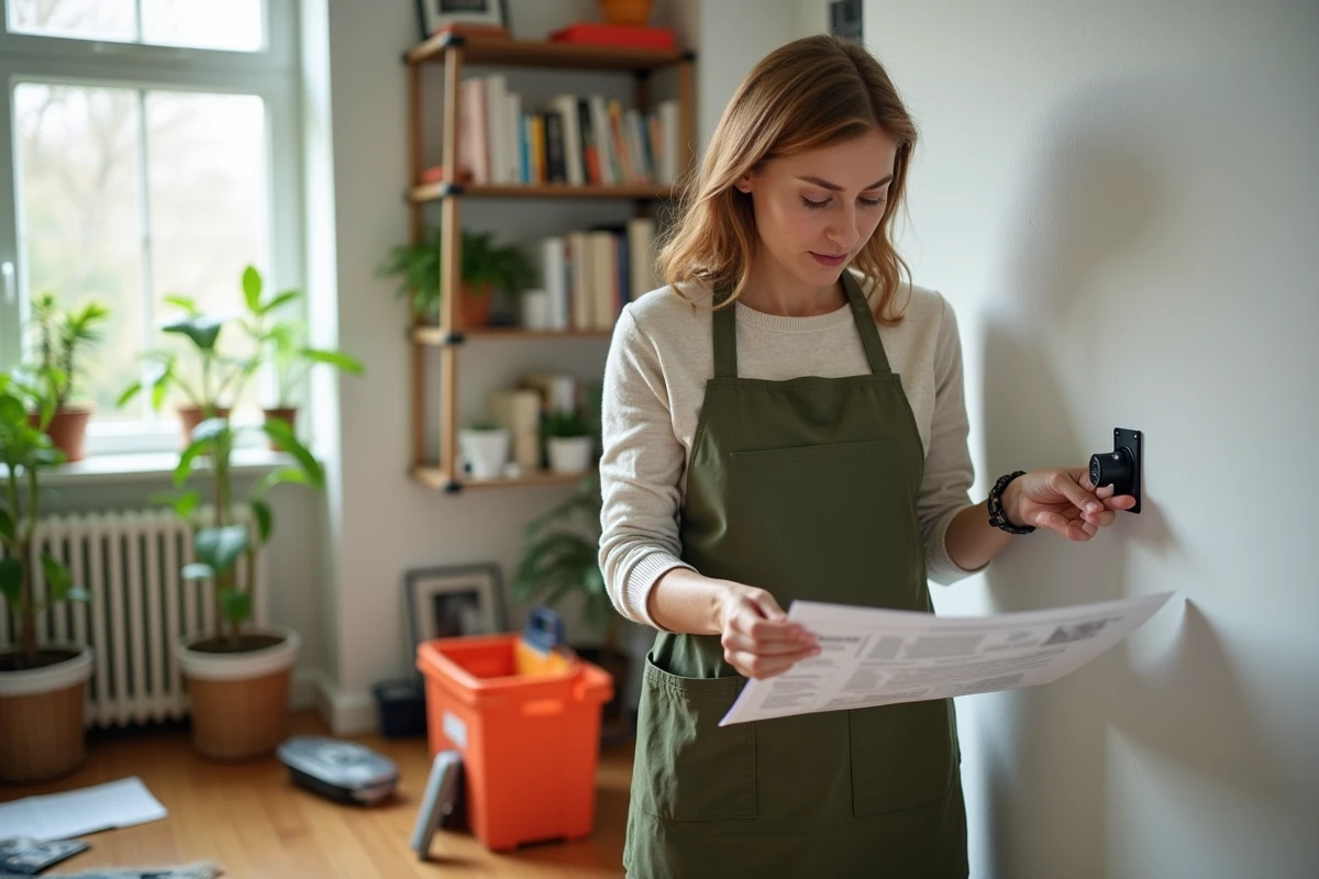 Femme en tablier consulte un manuel pour installer une prise