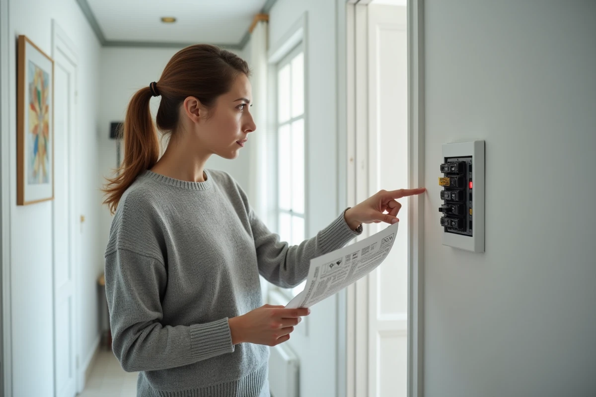 Femme perplexe consultant une fiche de référence face à un tableau de disjoncteurs domestique