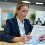 Femme de 38 ans lisant une fiche métier Pôle Emploi dans une agence pour l'emploi, orientation professionnelle adulte