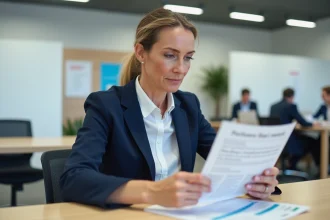 Femme de 38 ans lisant une fiche métier Pôle Emploi dans une agence pour l'emploi, orientation professionnelle adulte