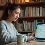 Femme utilisant une plateforme e-learning Moodle sur un ordinateur portable dans un bureau à domicile