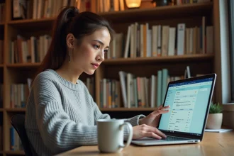 Femme utilisant une plateforme e-learning Moodle sur un ordinateur portable dans un bureau à domicile
