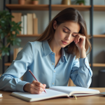 Jeune femme concentrée écrivant dans un planner à la maison