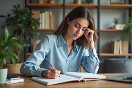 Jeune femme concentrée écrivant dans un planner à la maison