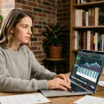 Jeune femme composant une mélodie sur un piano en ligne depuis son ordinateur portable dans un studio à domicile