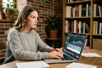 Jeune femme composant une mélodie sur un piano en ligne depuis son ordinateur portable dans un studio à domicile