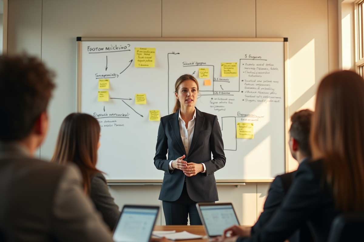 Femme professionnelle expliquant des diagrammes devant groupe