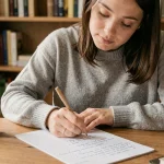 Jeune femme prenant des notes sur des feuilles seyes avec marges larges et lignes claires posées sur un bureau en bois