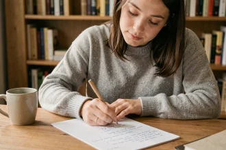 Jeune femme prenant des notes sur des feuilles seyes avec marges larges et lignes claires posées sur un bureau en bois