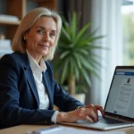 Femme professionnelle utilisant LinkedIn sur un ordinateur portable pour prospecter des clients dans un bureau moderne
