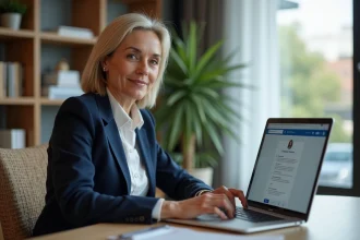 Femme professionnelle utilisant LinkedIn sur un ordinateur portable pour prospecter des clients dans un bureau moderne