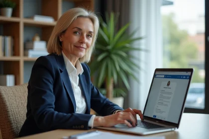 Femme professionnelle utilisant LinkedIn sur un ordinateur portable pour prospecter des clients dans un bureau moderne