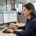 Femme professionnelle utilisant les fonctionnalités avancées d'une plateforme bancaire UBS ENT sur un poste de travail en open space