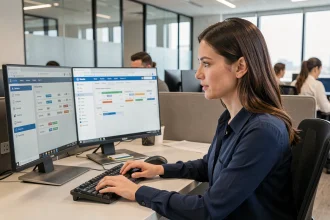 Femme professionnelle utilisant les fonctionnalités avancées d'une plateforme bancaire UBS ENT sur un poste de travail en open space