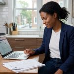 Femme en blazer et jeans cherche emploi à la maison