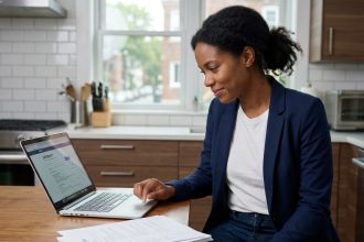 Femme en blazer et jeans cherche emploi à la maison