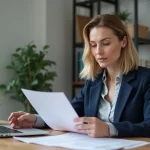 Femme en reconversion professionnelle consultant sa certification BTP obtenue via le CPF à son bureau