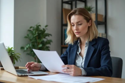 Femme en reconversion professionnelle consultant sa certification BTP obtenue via le CPF à son bureau