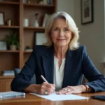 Femme professionnelle rédigeant une lettre de recommandation à son bureau