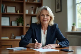 Femme professionnelle rédigeant une lettre de recommandation à son bureau